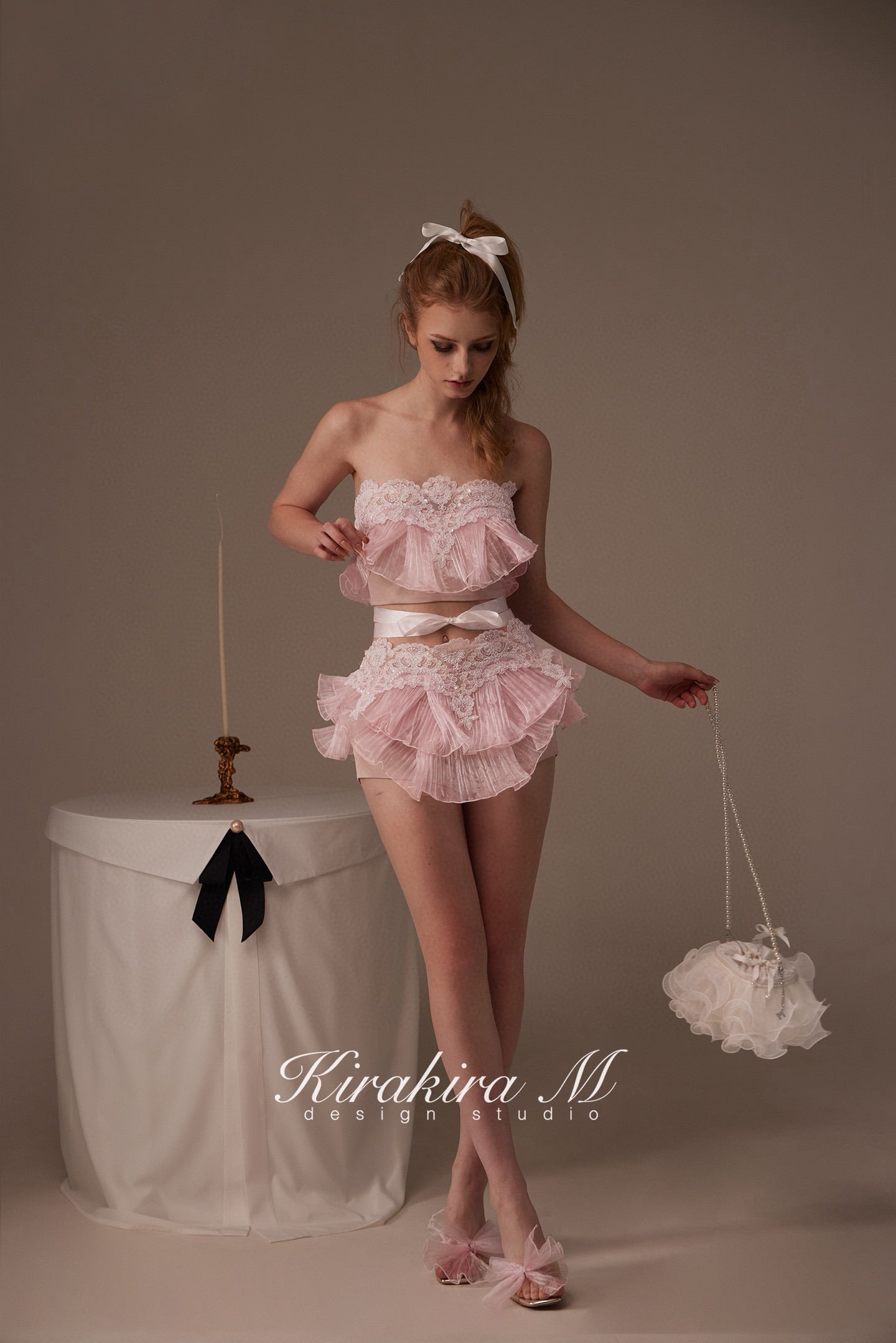 Kirakira M Pink Mermaid Lace Strappy Top & Skirt Pants