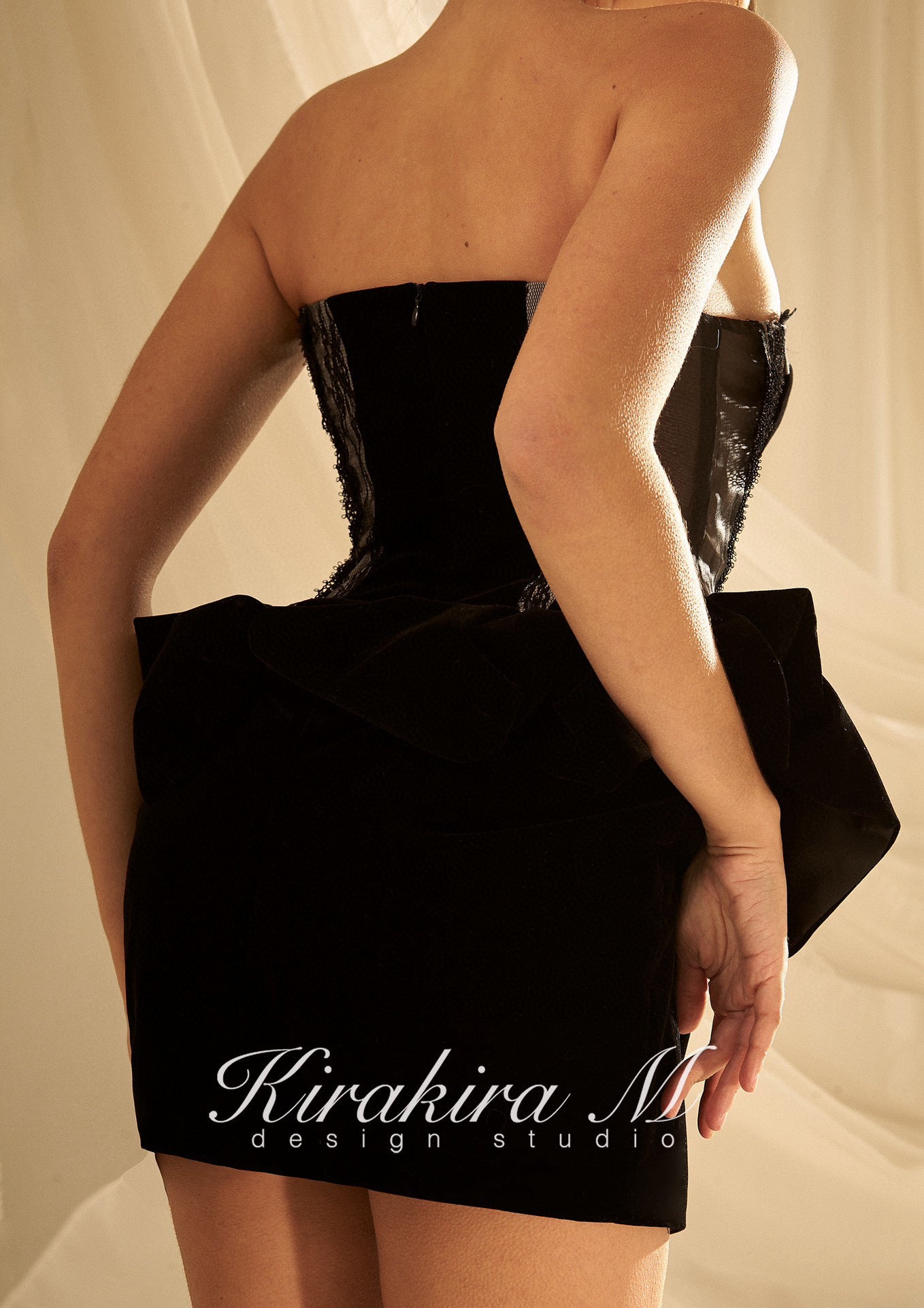 KIRAKIRA M Black velvet strapless mini dress with laced detail
