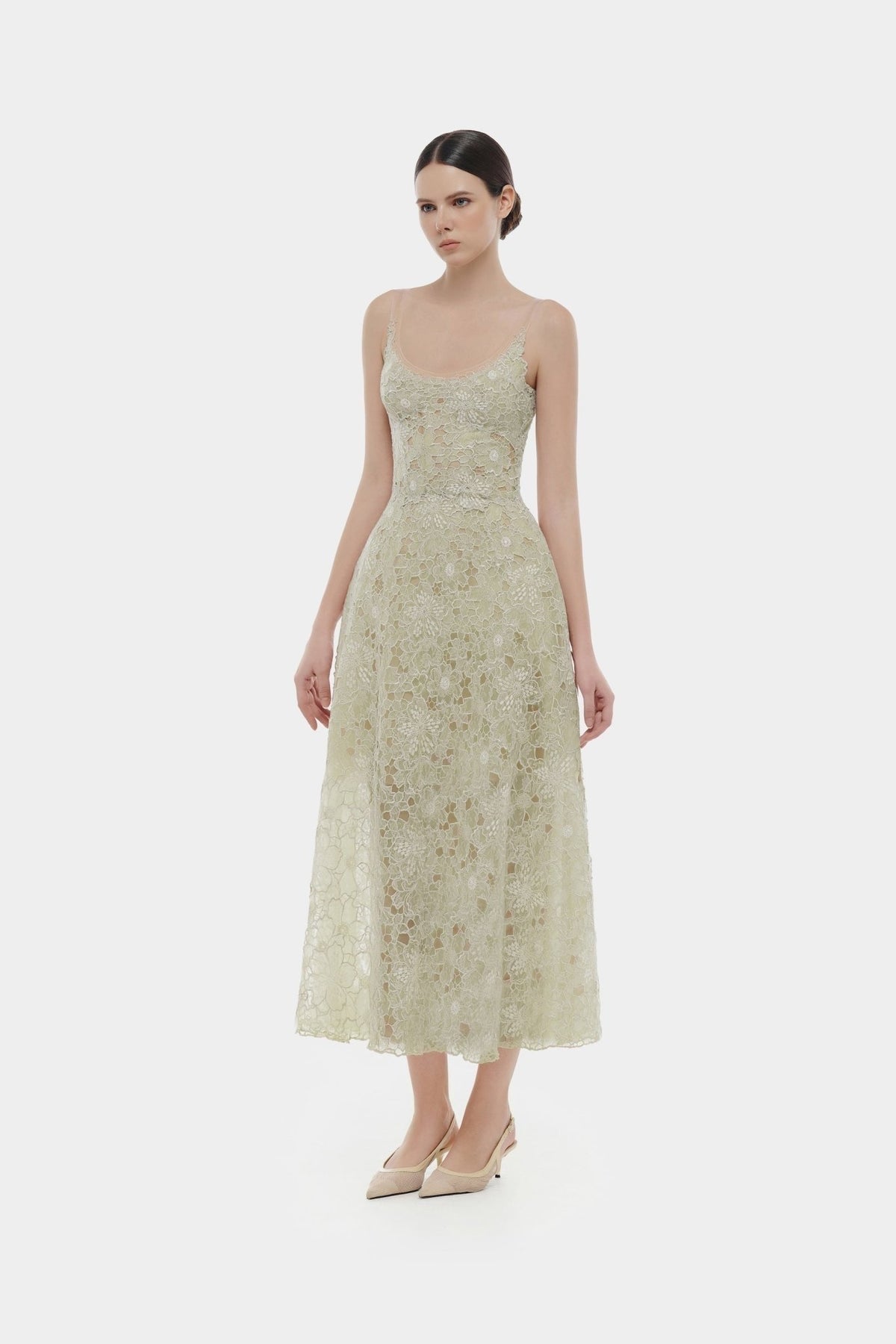 MONTSAND Nude Flower Lace Midi Dress