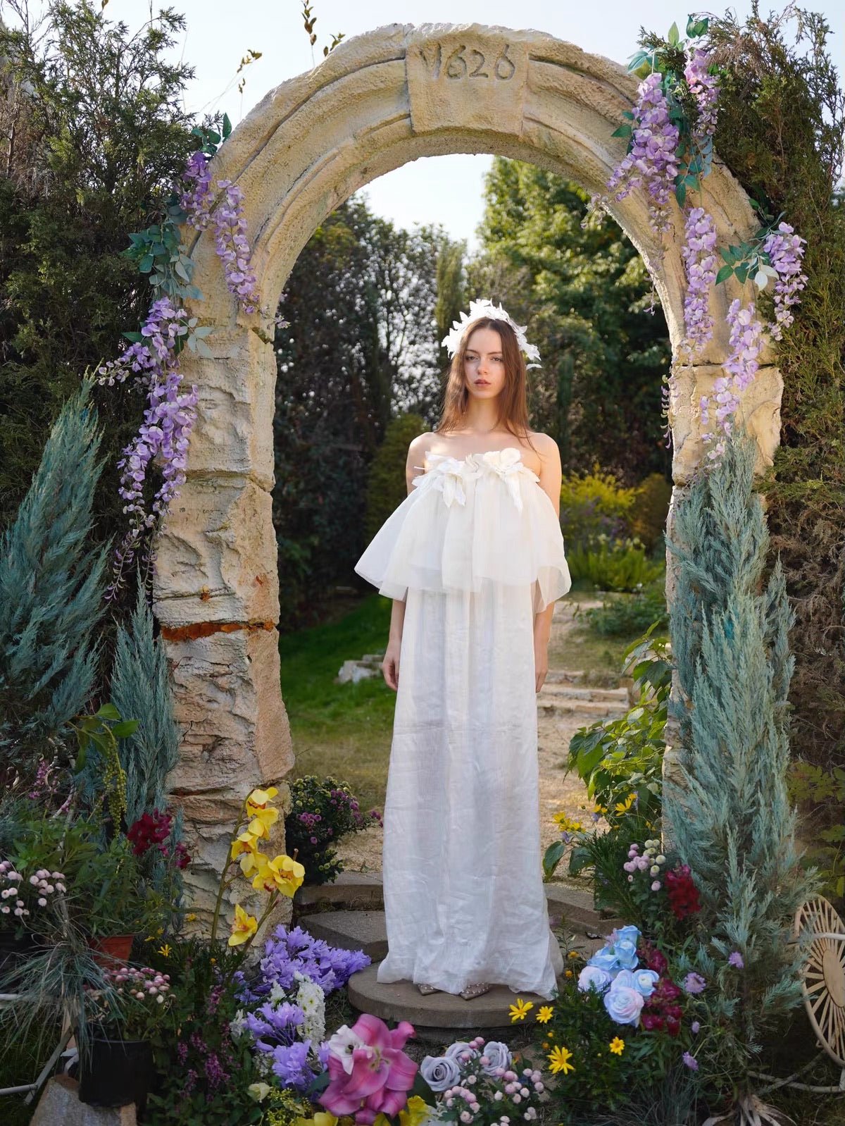White Off Shoulder 3D Floral Linen Maxi Dress