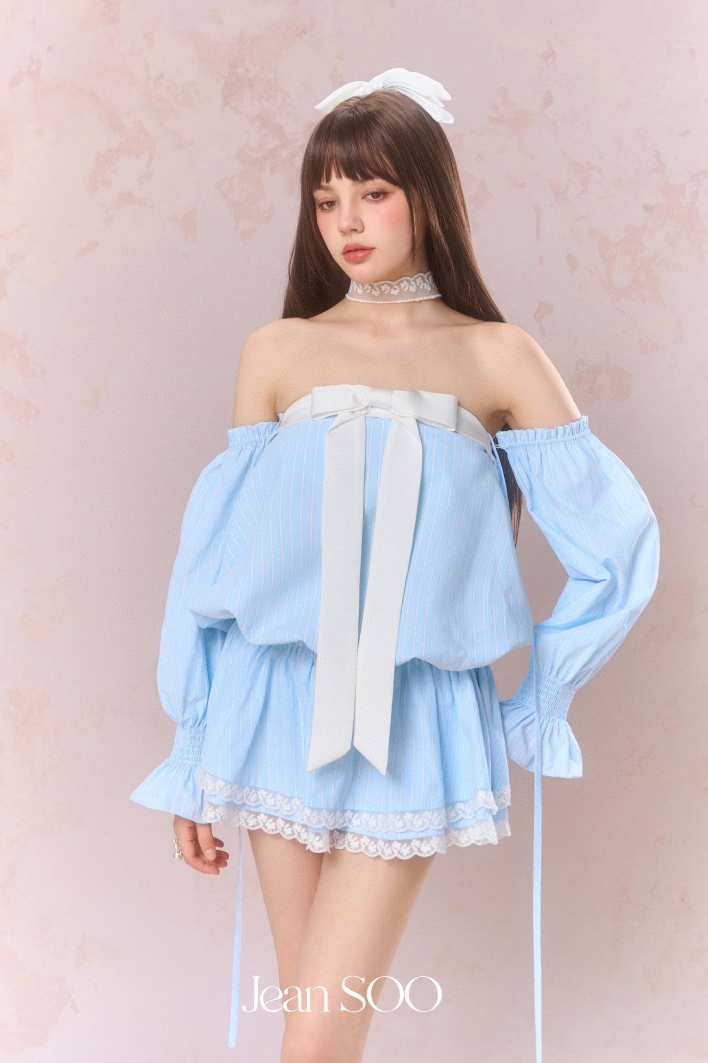 JEAN SOO Blue Studded Diamonds Strapless Low Waist Shirt Mini Dress