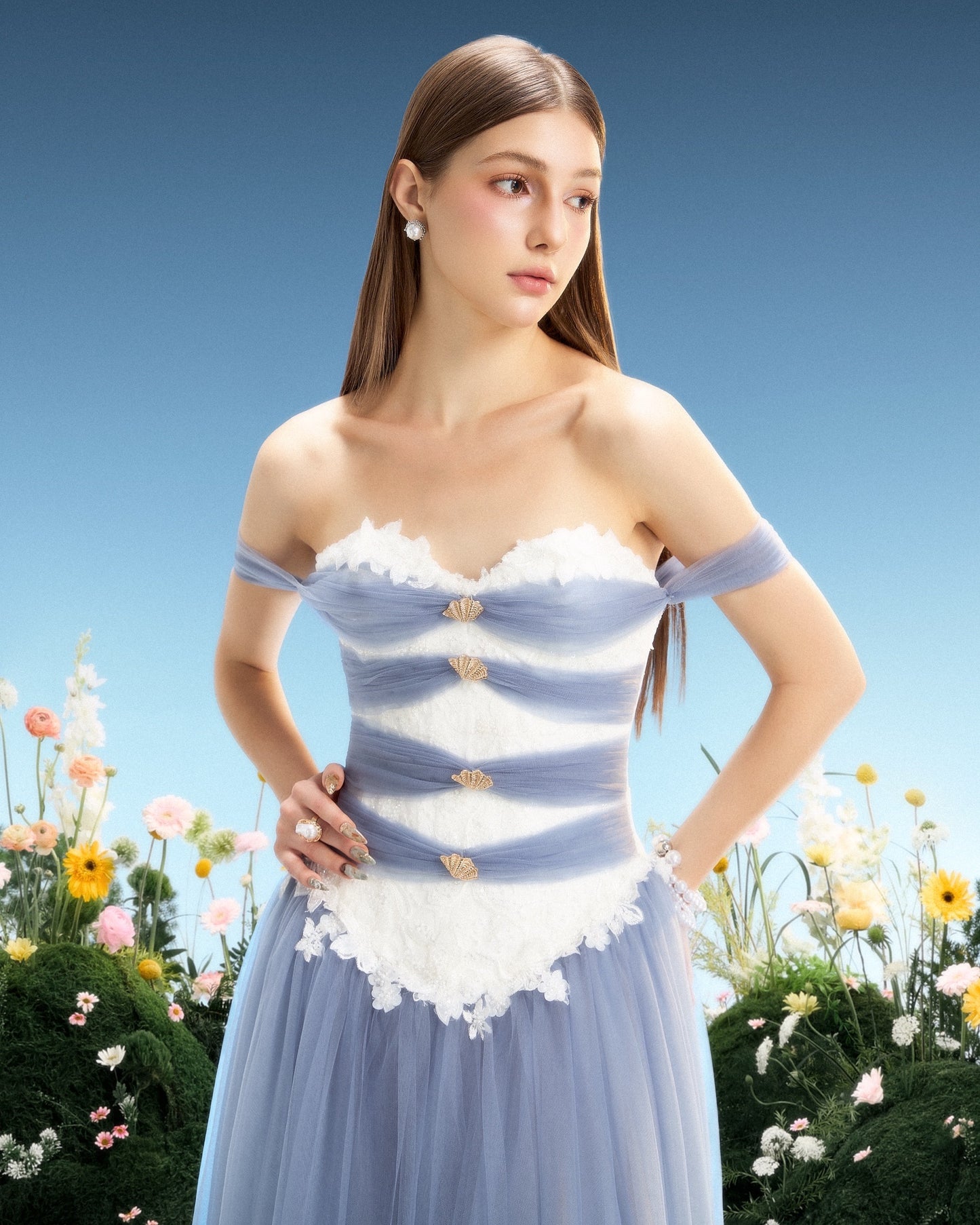 LINH PHUNG Elegant Fairycore Blue Mulusine Midi Dress