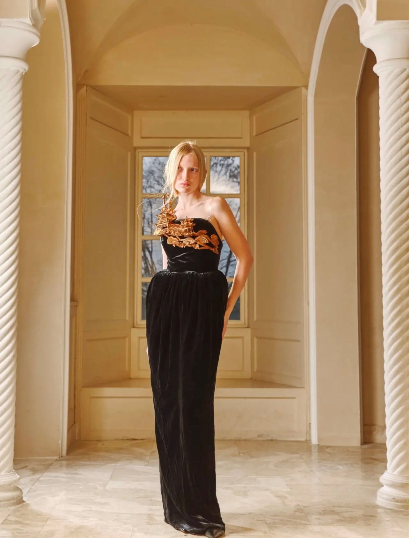 Black Velvet Bustier Golden Pavilion 3D Embellished Maxi Dress