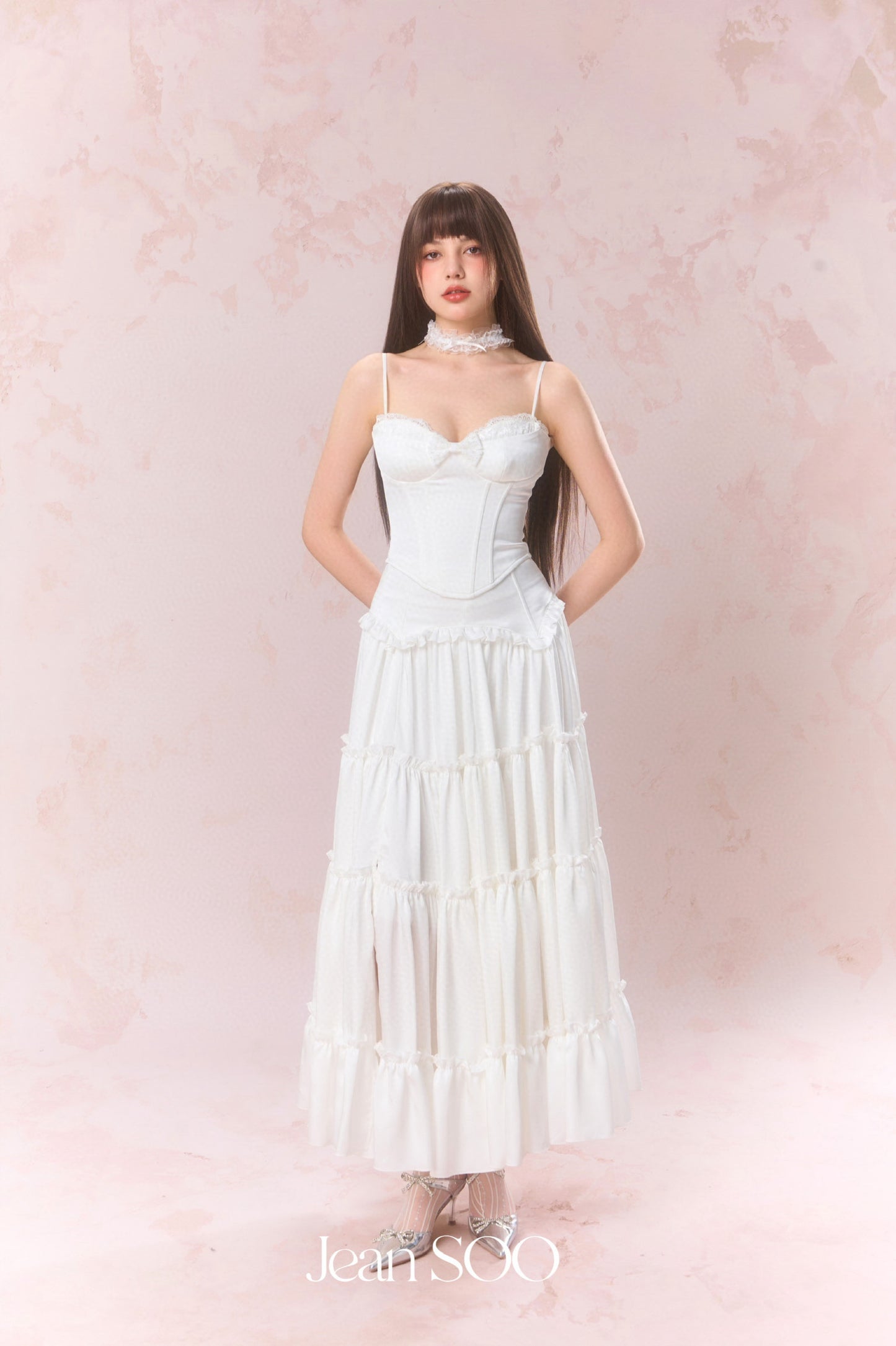 JEAN SOO White Lace Satin Fishbone Top & Split Skirt