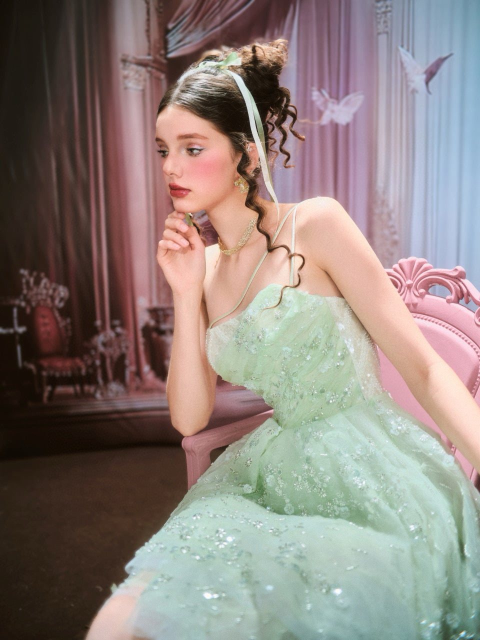 Chengchengling Green Lace Mini Dress