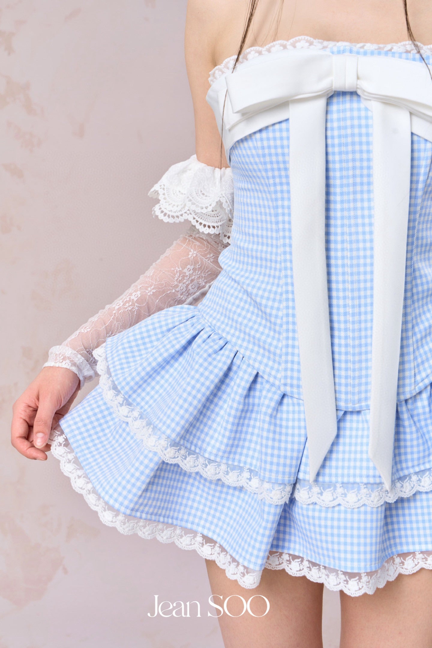 JEAN SOO Blue Plaid Fishbone Top & Lace Cake Mini Skirt