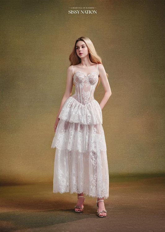 SISSY.NATION White The Feathers Corset Midi Dress