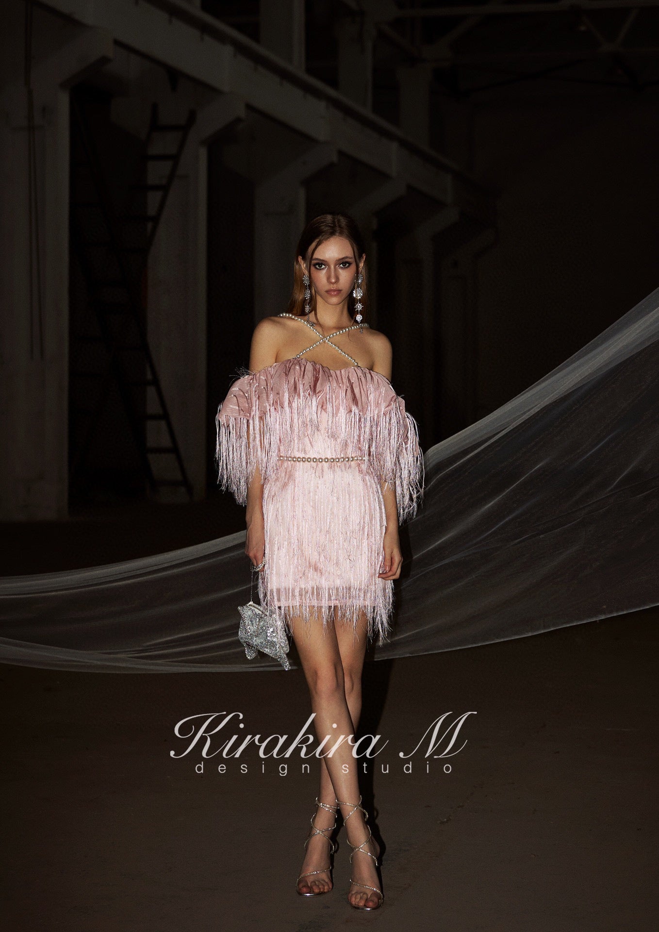 kirakira M Pink Fringed Backless Gown mini Dress