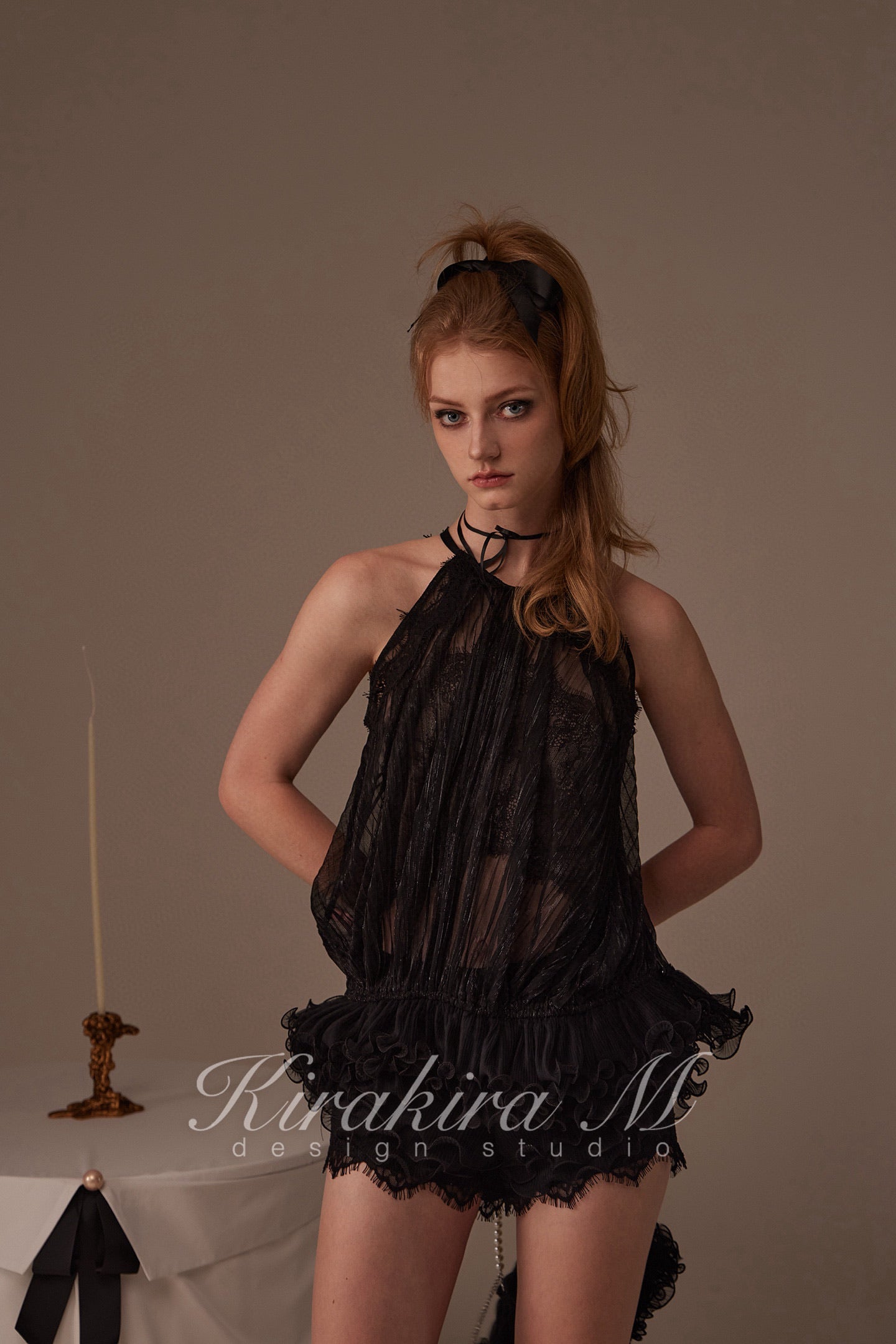 Kirakira M Black Shiny Silk Pleated Lace Hanging Neck Top & Lace Low Rise Trousers & Lace Shorts