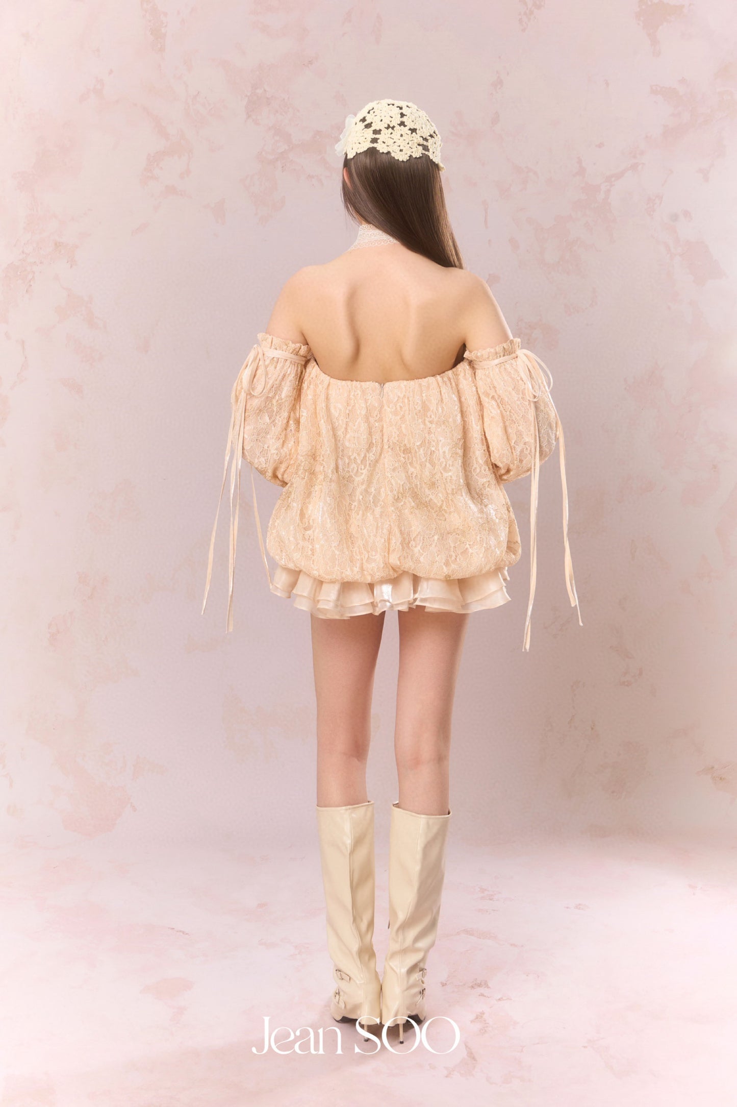 JEAN SOO Nude Lace One Shoulder Mini Dress