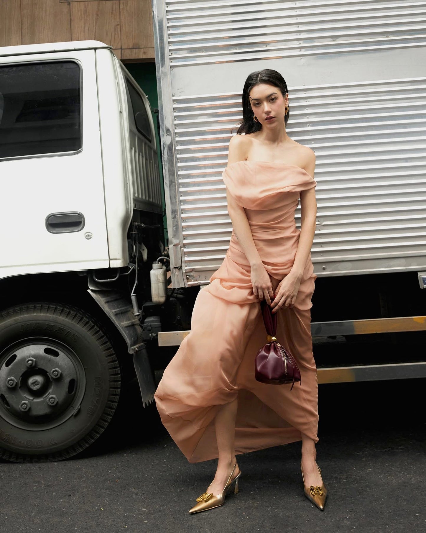 Musthave Caramel Draped Mullet Midi Dress