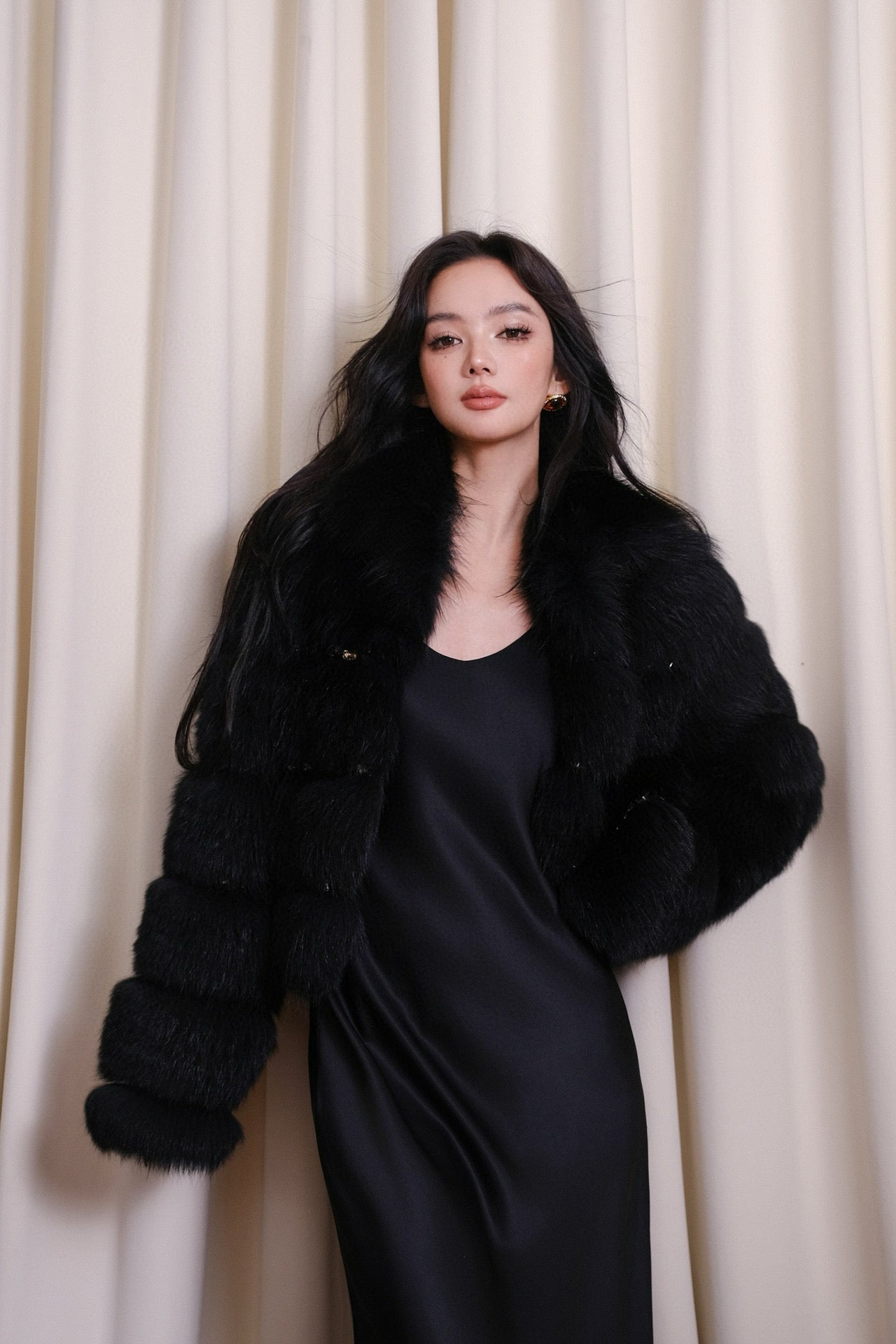 Maison Wester Black Acetate Maxi Dress Fur Coat