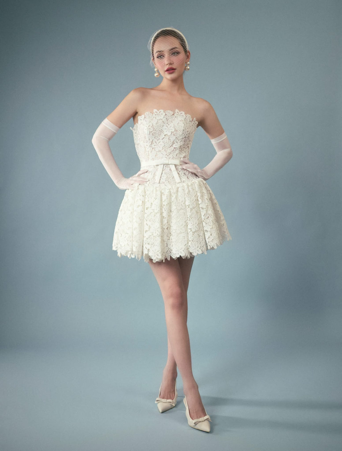 White Lace Bow Sweetheart Mini Dress