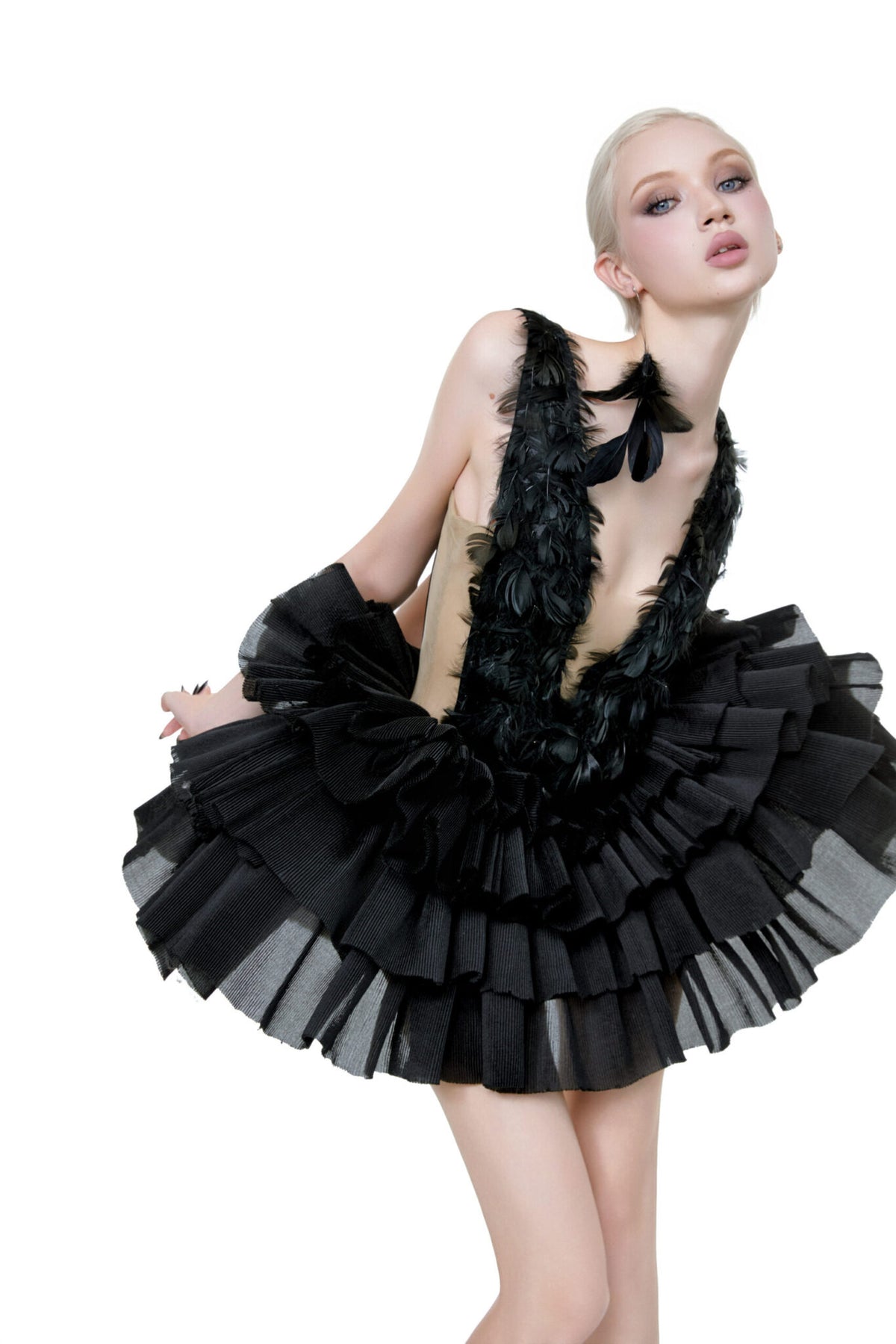 Black Feather Deep-V Layered Ruffle Mini Dress