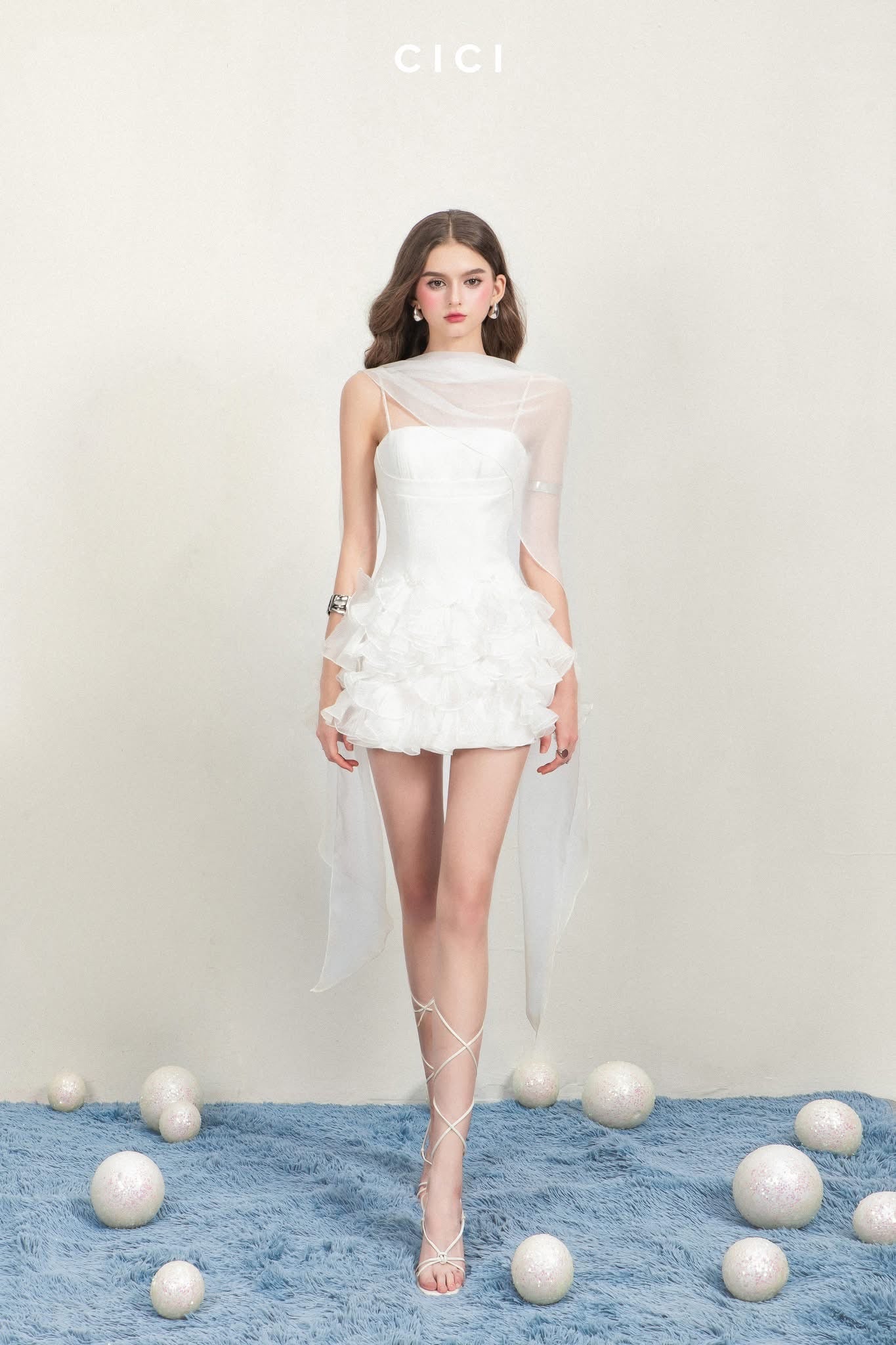 CICI White ROHE Mini Dress with Sheer Scarf