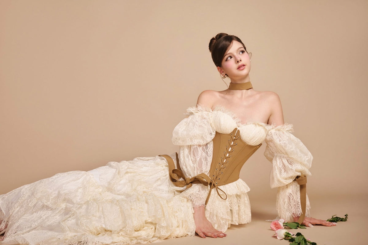 Cream Brown Coco Mademoiselle Corset Maxi Dress Set
