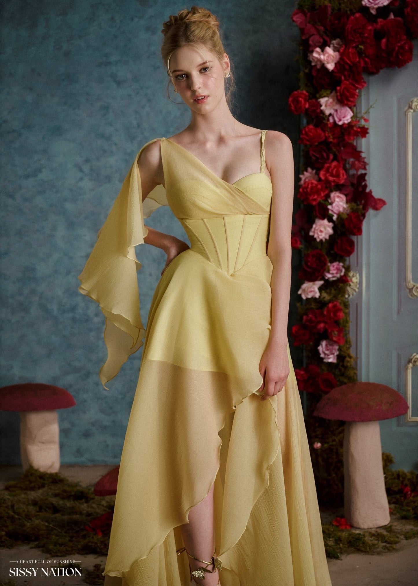 SISSY NATION Yellow Happiness is a Butterfly Corset Maxi Dress