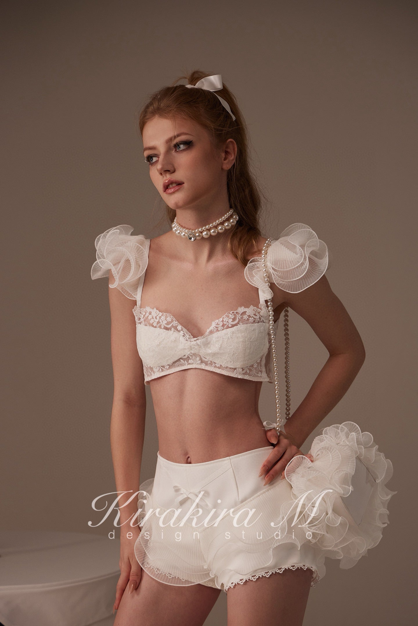 Kirakira M White Lace Patchwork Lace Top & Shorts