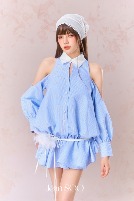 JEAN SOO Blue Studded Diamonds Strapless Low Waist Mini Dress