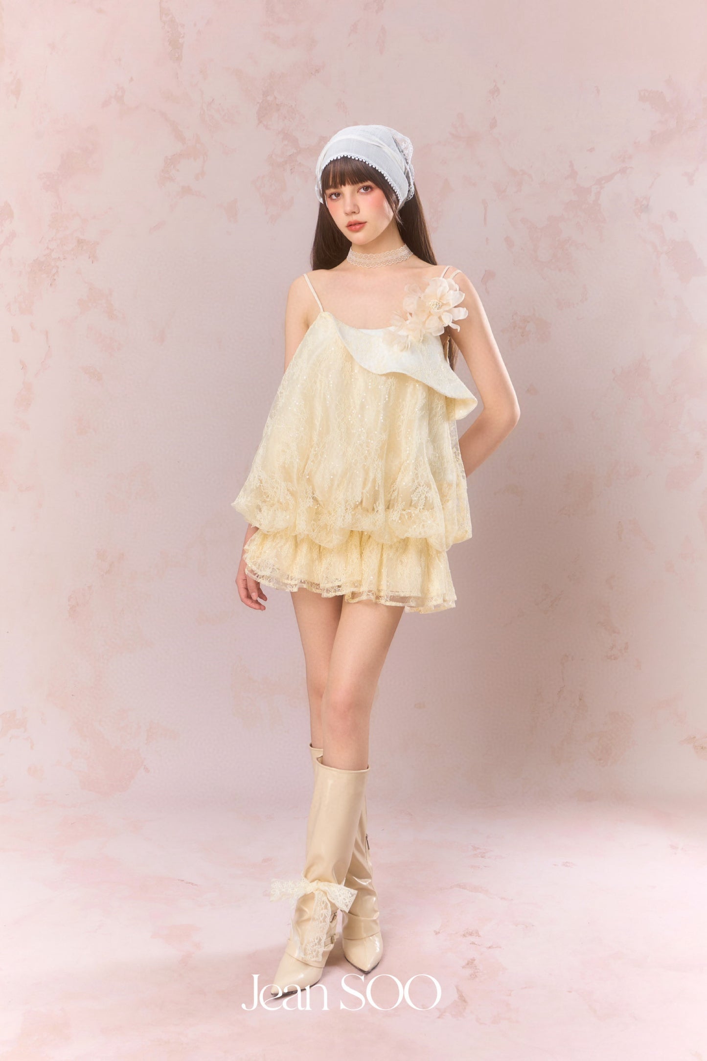 JEAN SOO Yellow Lace Flower Mini Dress