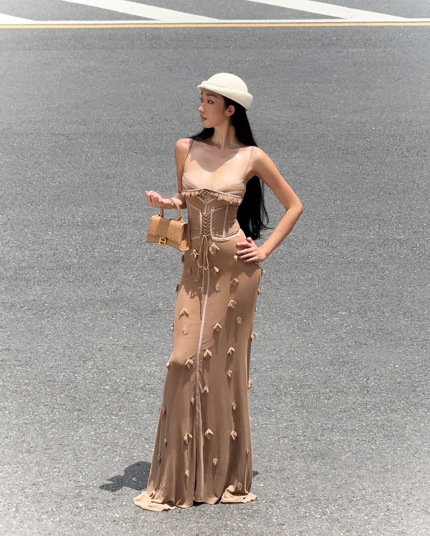 HUELLEY ROSE Brown & Pink Lsla Maxi Dress