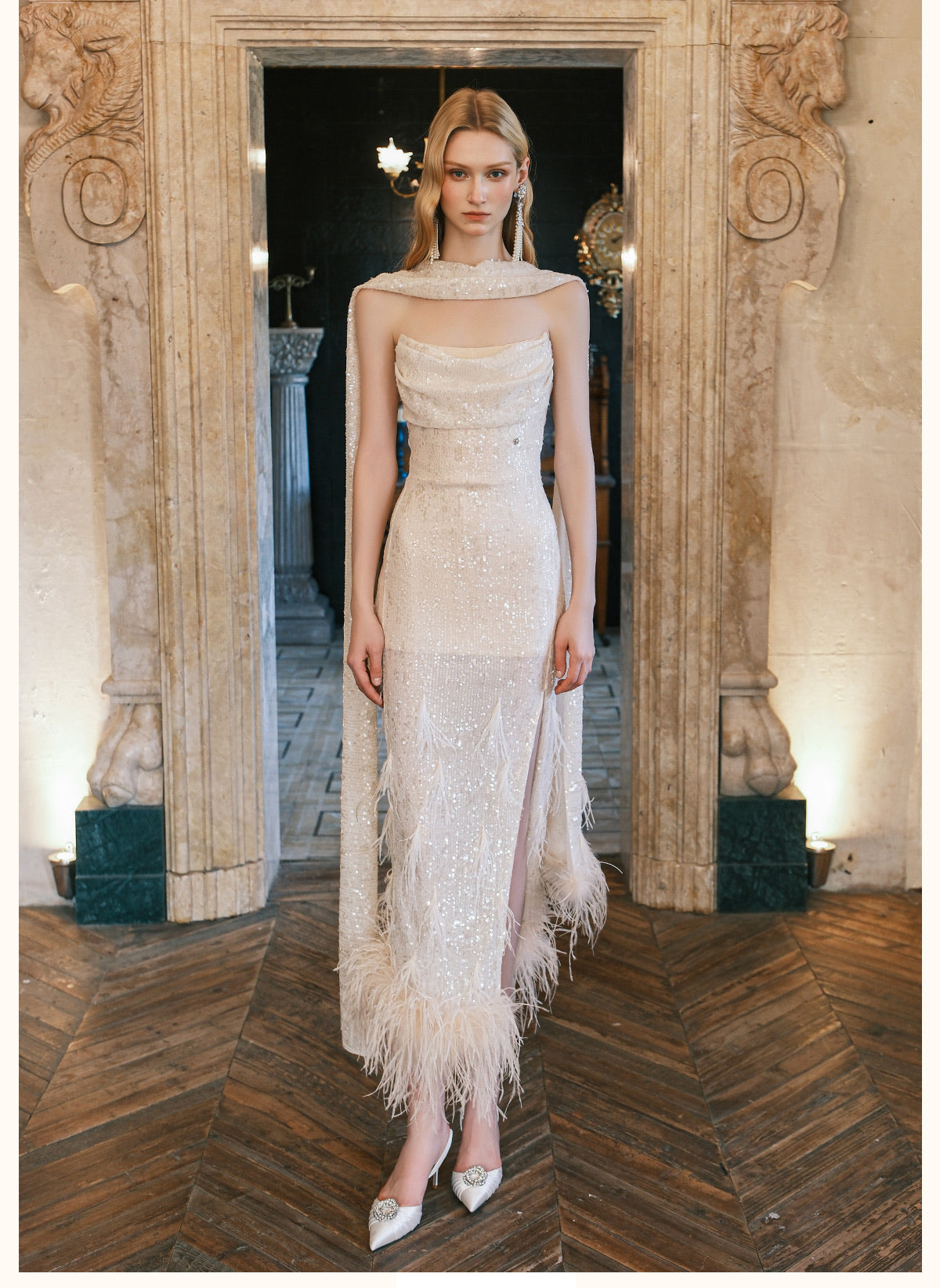 SHEERLUCK White Diamond Sequin Fringe Scarf Strapless Maxi Dress