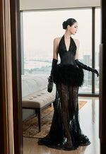 Black Halter Lace Feather Corset Train Maxi Dress