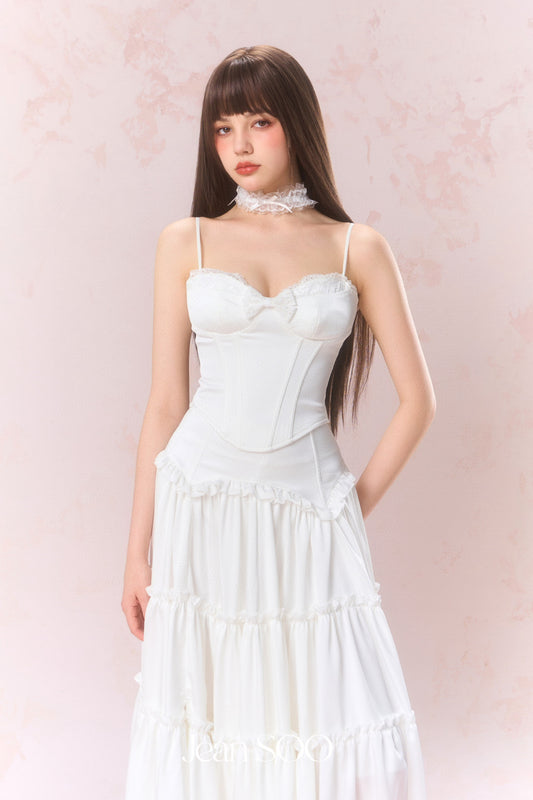 JEAN SOO White Lace Satin Fishbone Top & Split Skirt