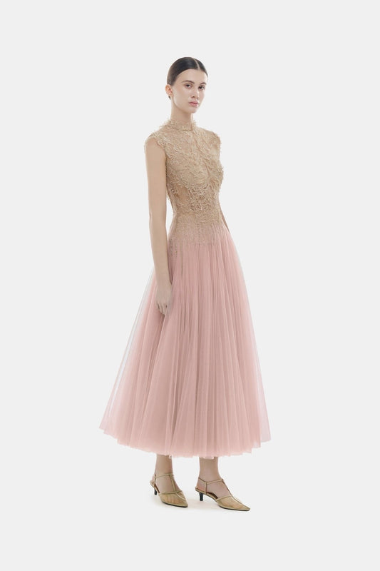 MONTSAND Pink Ombré Cut-Out Lace Midi Dress