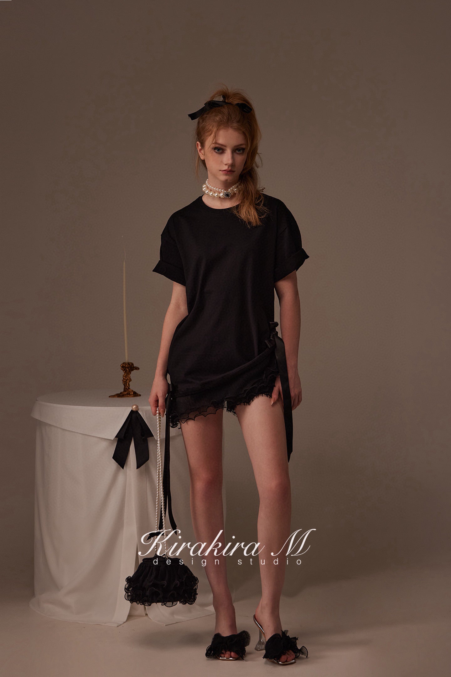 Kirakira M White & Black Bow Top& Lace Shorts& Lace Low Rise Pants