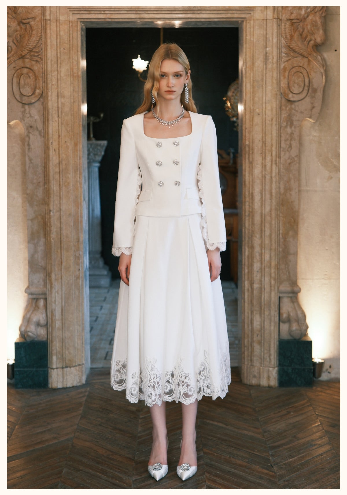 SHEERLUCK Black Mirage Vintage Stand Collar Lace & Diamond-embellished Jacket & Skirt