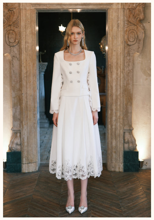 SHEERLUCK White Mirage Vintage Stand Collar Lace & Diamond-embellished Jacket & Skirt