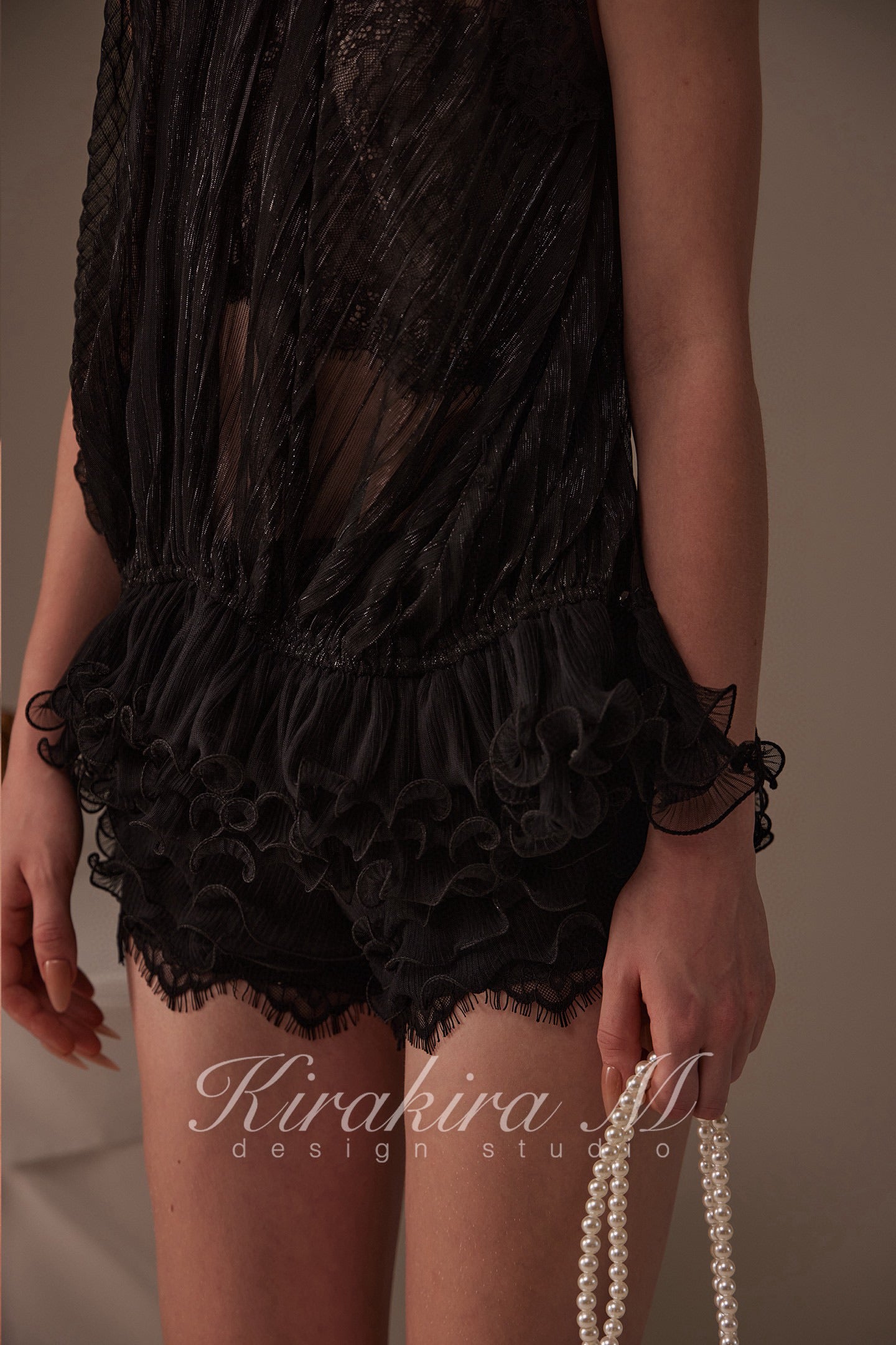 Kirakira M Black Shiny Silk Pleated Lace Hanging Neck Top & Lace Low Rise Trousers & Lace Shorts