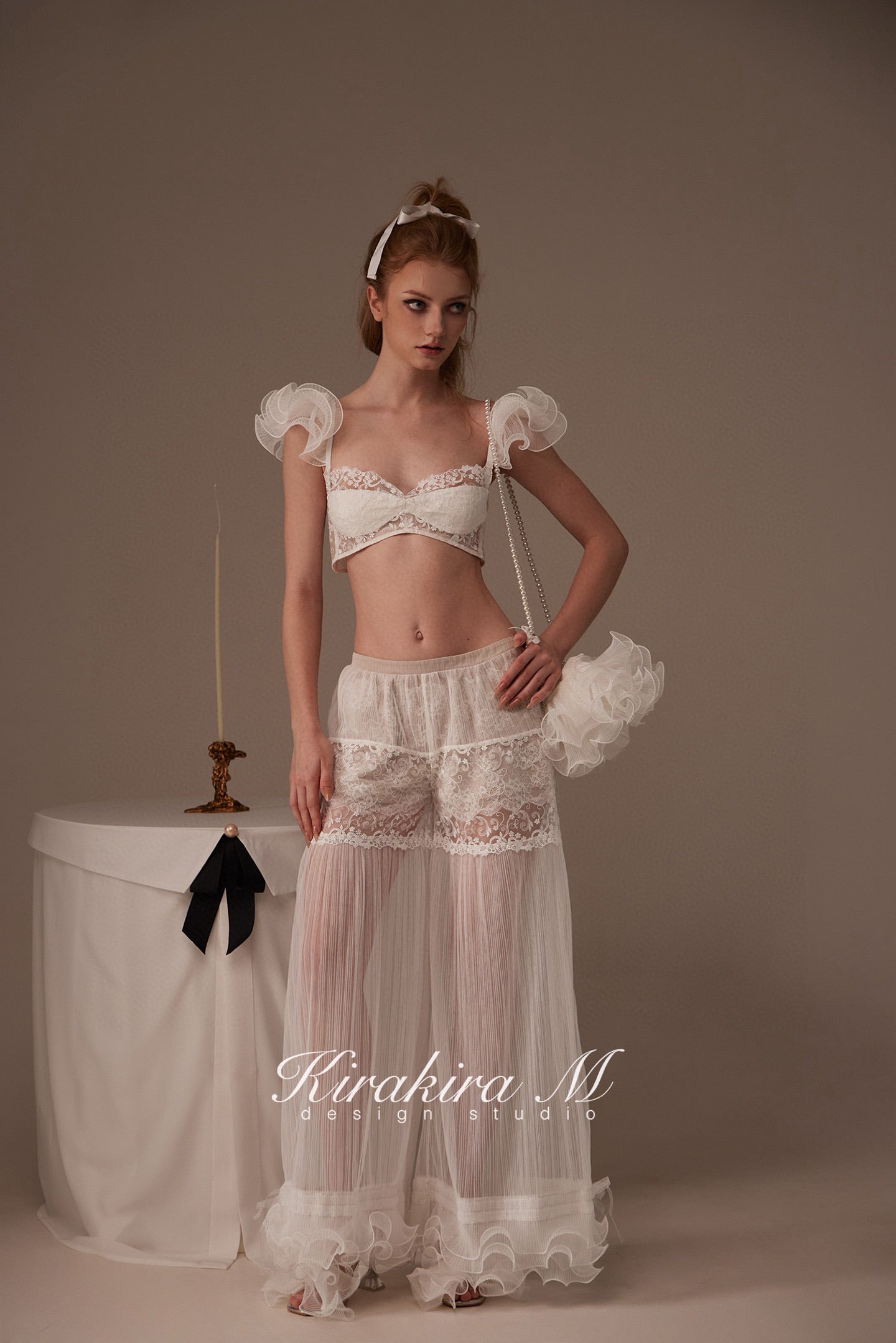 Kirakira M White Lace Blouse & Lace Low Rise Pants