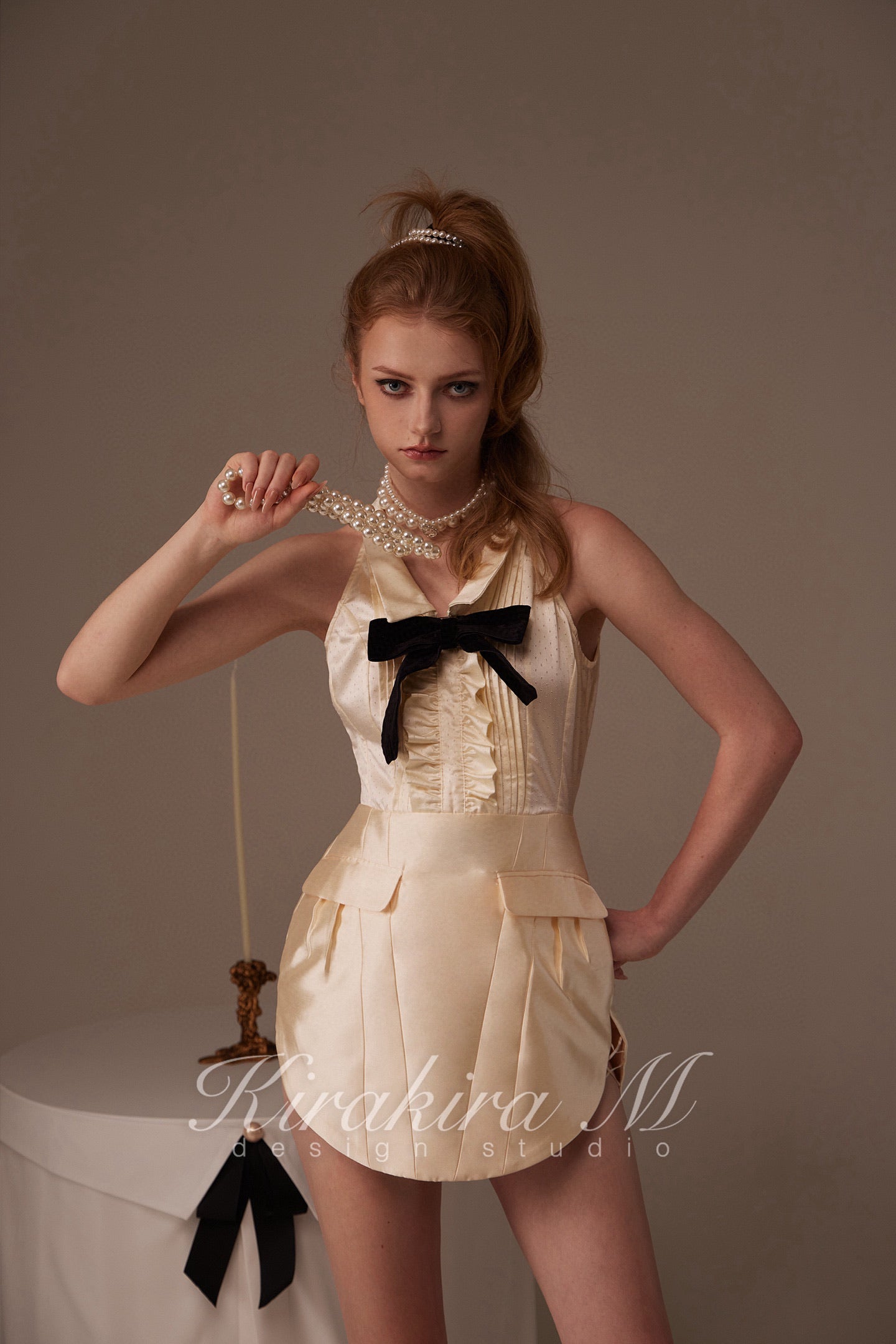 Kirakira M Cream V-neck Bow Mini Dress