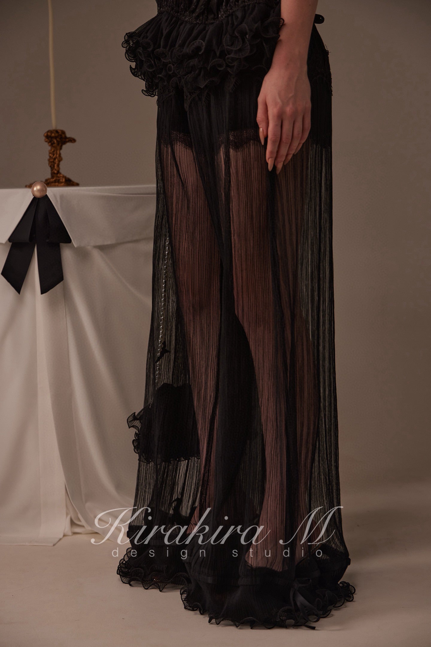 Kirakira M Black Shiny Silk Pleated Lace Hanging Neck Top & Lace Low Rise Trousers & Lace Shorts