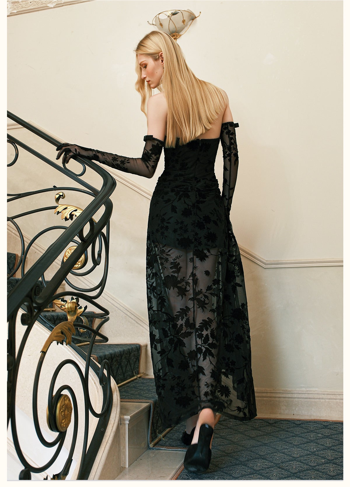 SHEERLUCK Pink Floral Lune Halter-Neck Velvet Maxi Dress