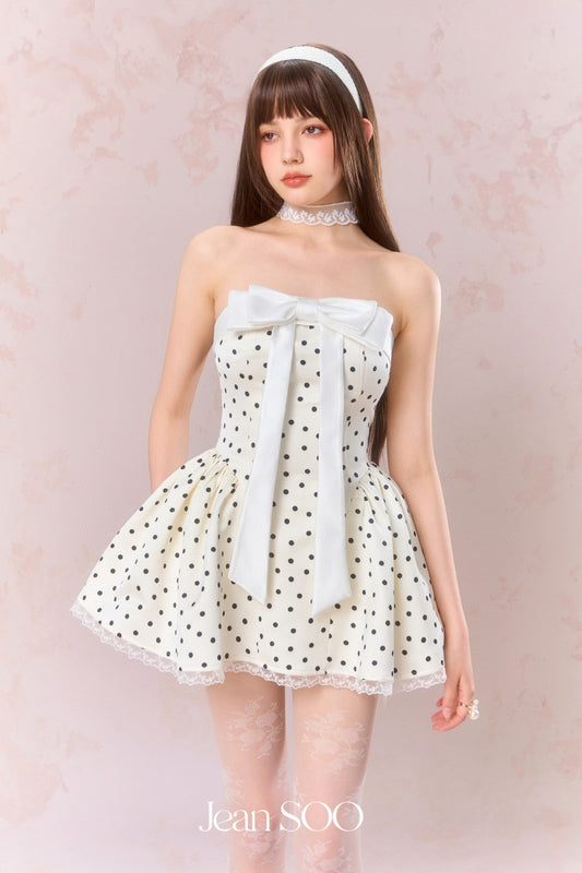 JEAN SOO White Polka Dot Puff Mini Dress