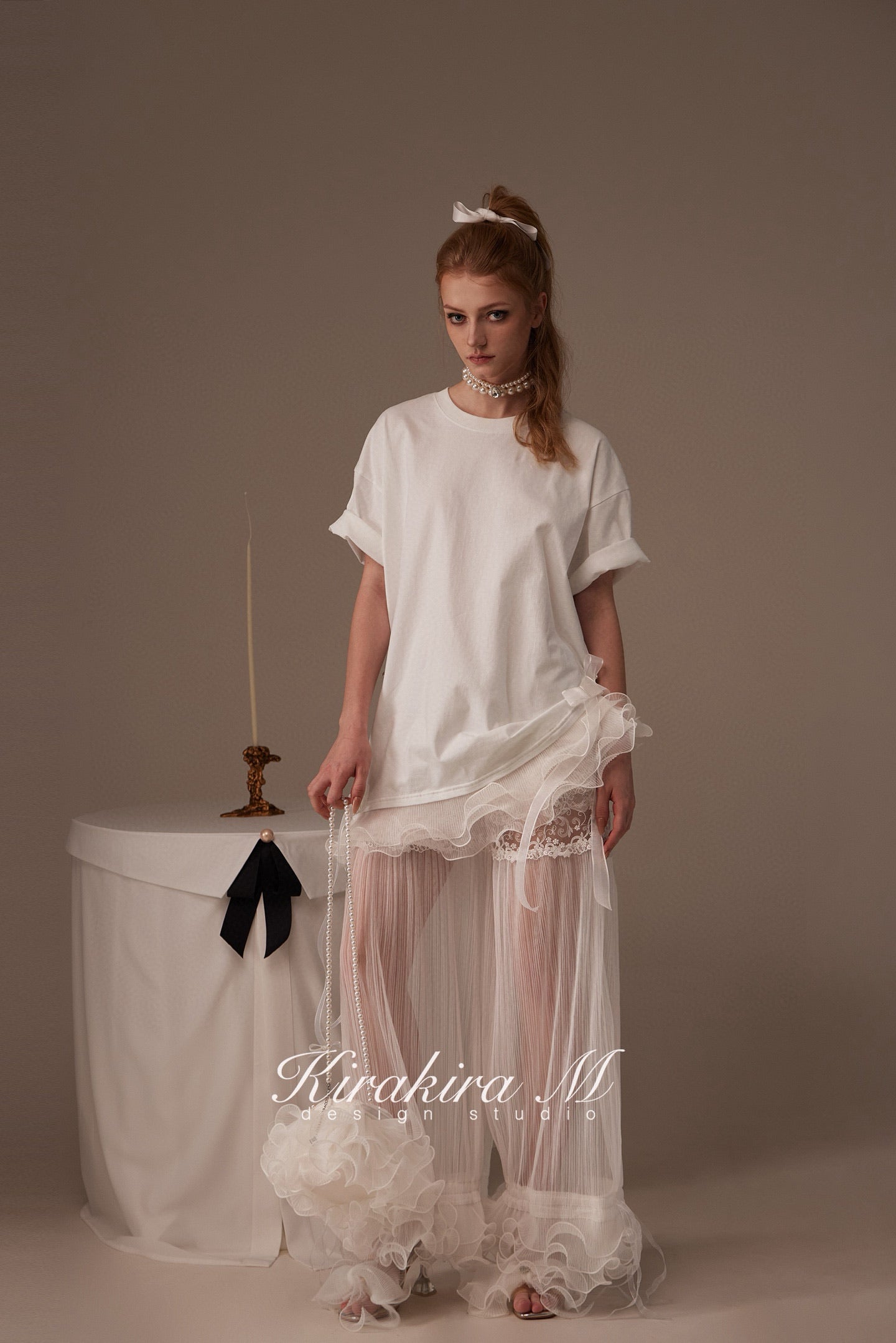 Kirakira M White & Black Bow Top& Lace Shorts& Lace Low Rise Pants