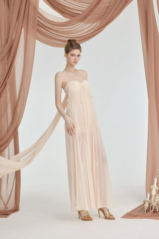 SHEERLUCK NUDE MAXI VACATION DRESS