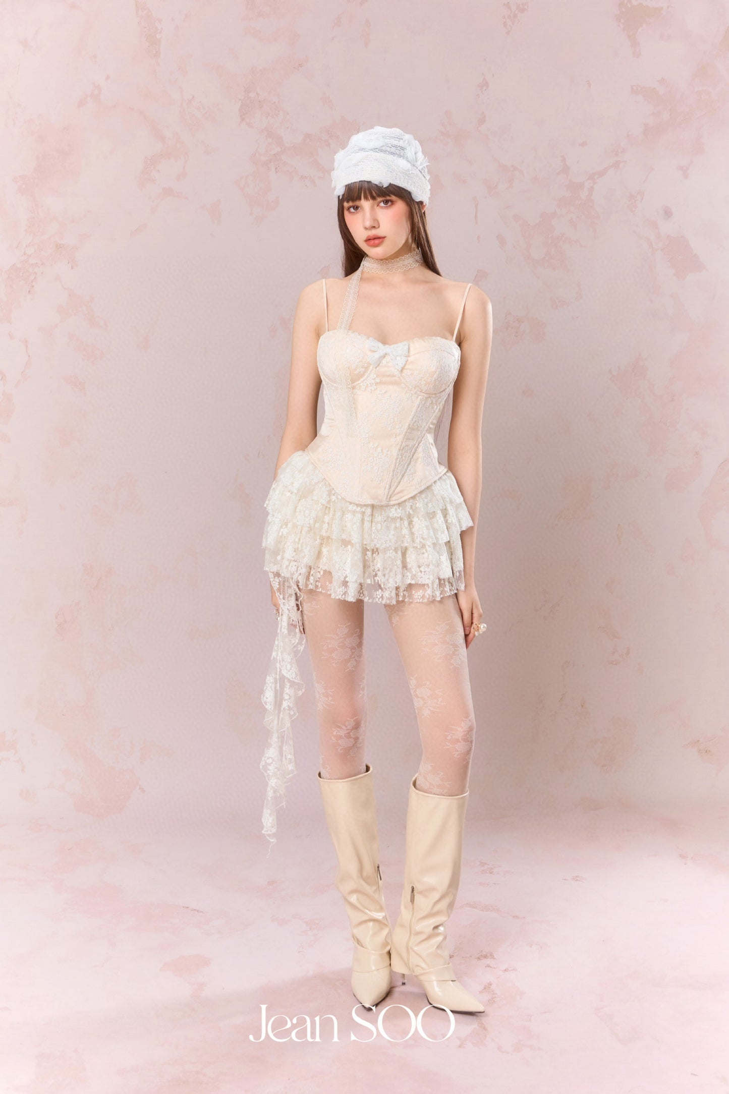 JEAN SOO Cream Lace Fishbone Top & Cake Mini Skirt
