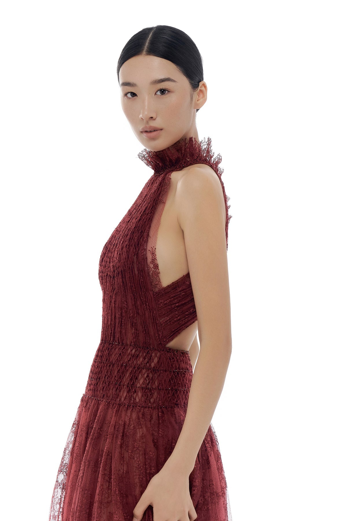 MONTSTAND Burgundy Smocked Red Lace Maxi Dress