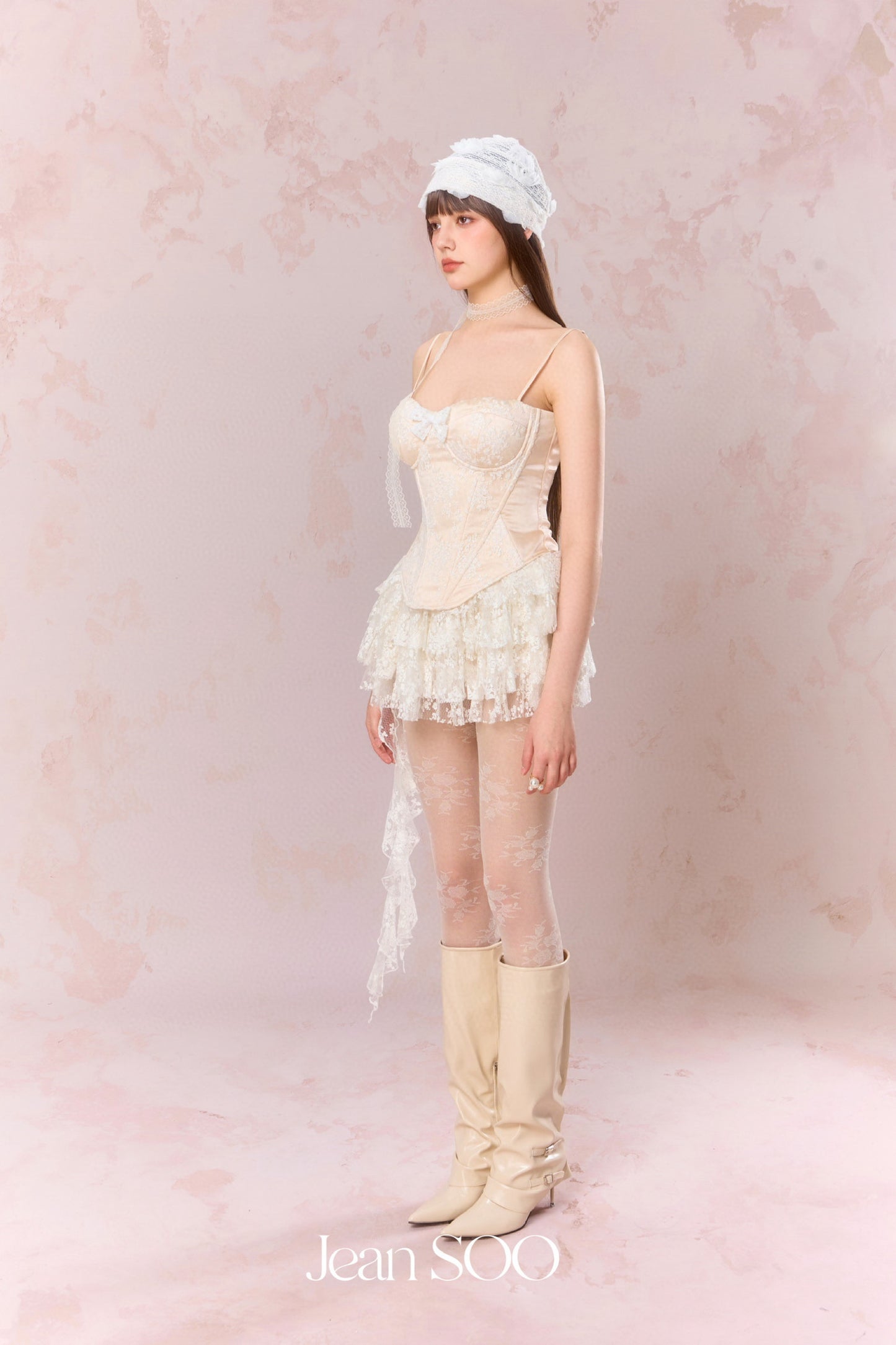 JEAN SOO Cream Lace Fishbone Top & Cake Mini Skirt