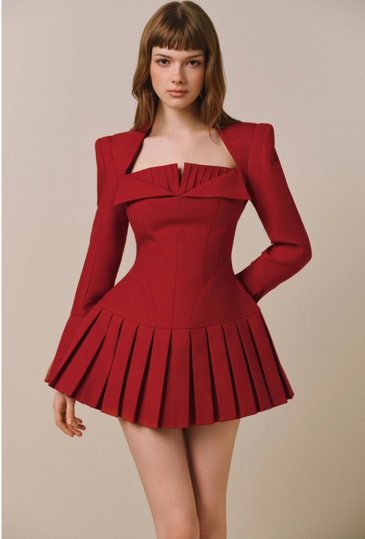 CICI RED EDEN Long Sleeves Pleated Mini Dress