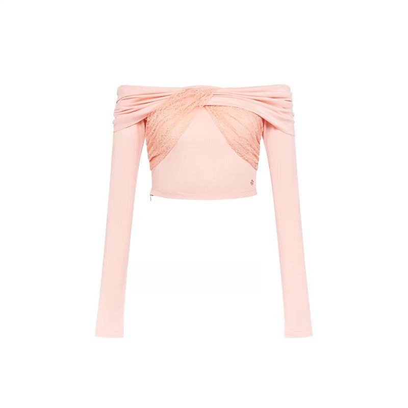 SHEERLUCK White| Pink| Black Lace Patchwork One Shoulder Long Sleeve Top
