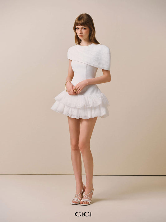 CICI WHITE LALIE Mini Dress with Cape