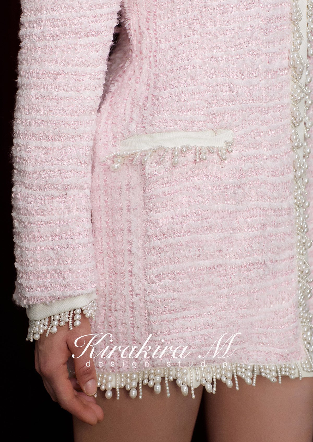 Kirakira M Pink Pearl Tassel Lapel Patchwork Tweed Mini Dress