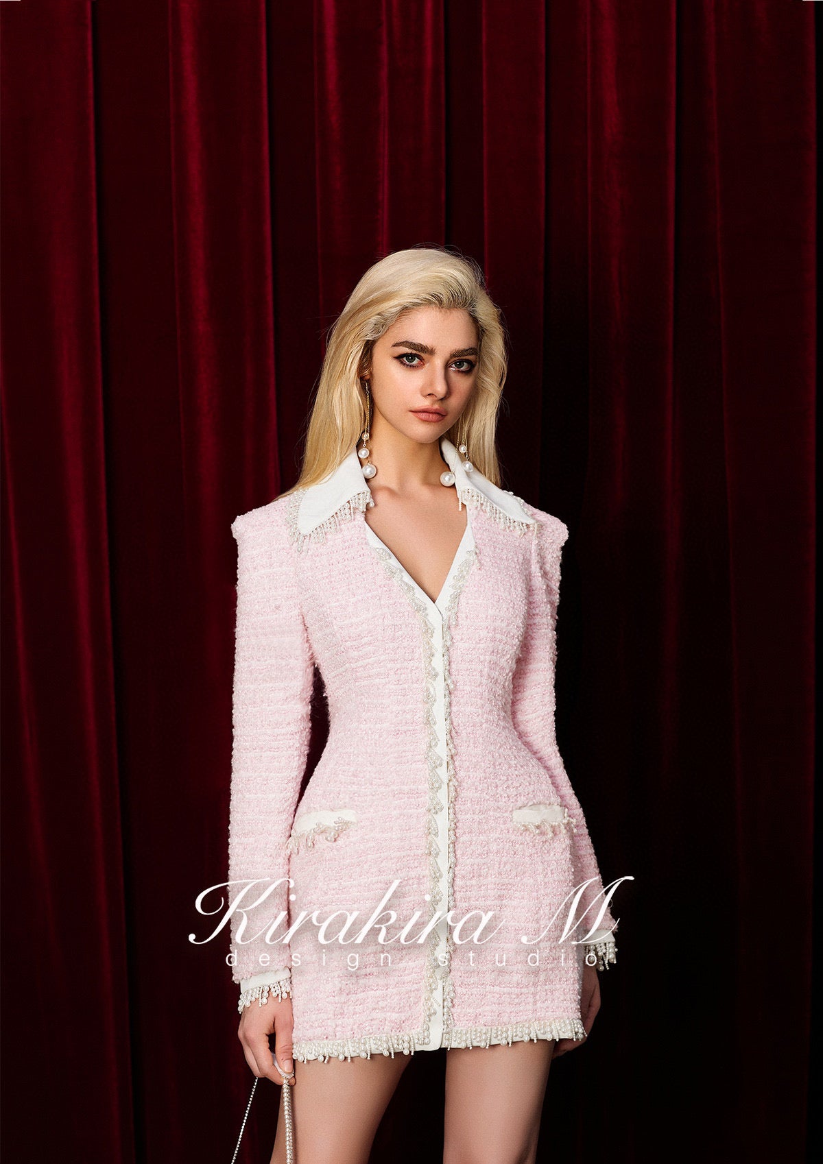 Kirakira M Pink Pearl Tassel Lapel Patchwork Tweed Mini Dress