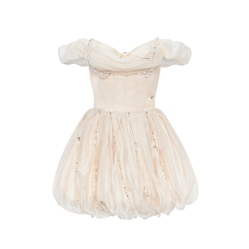 SheerLuck White & Pink Tahlia Waist-Cinching Puff Mini Dress