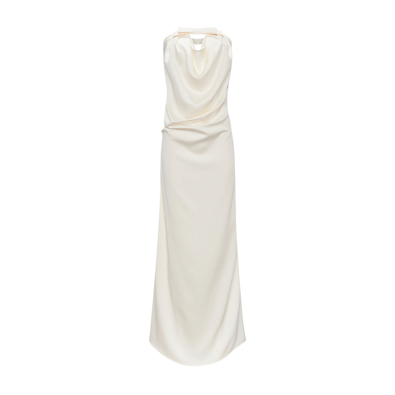 White Strapless Bow Cowl Neck Satin Bodycon Maxi Dress
